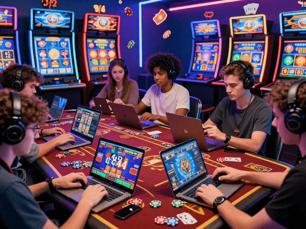 Players immersed in GB 444 online casino games in a vibrant digital space with colorful casino graphics.