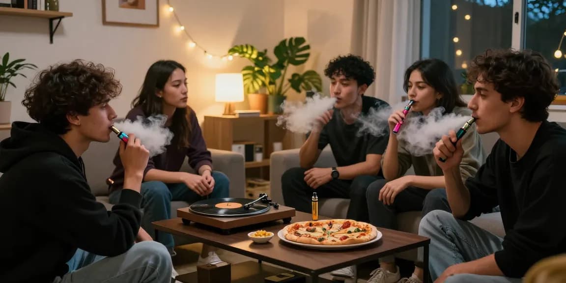 Friends enjoying thc vapes during cozy apartment gathering at night.