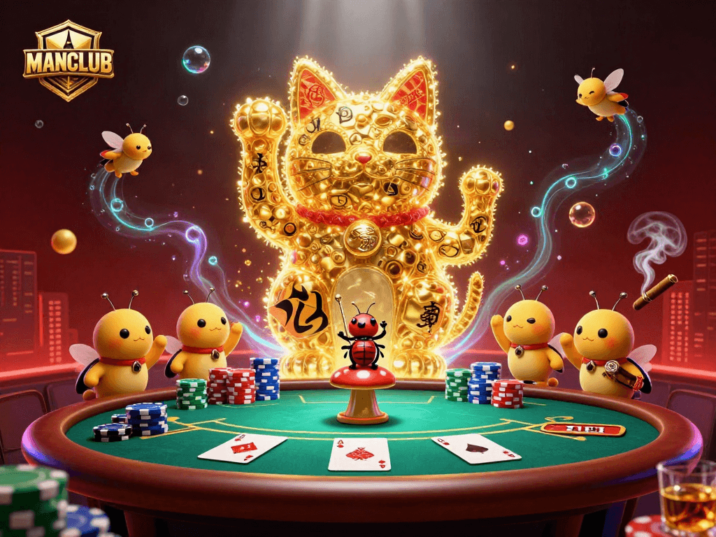 Experience the MANCLUB excitement with golden fireflies forming a lucky cat in a dynamic casino scene.