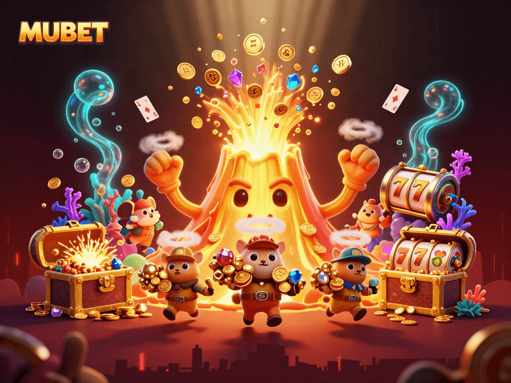 MUBET enhances gaming excitement with a stunning scene of a golden volcano and treasure