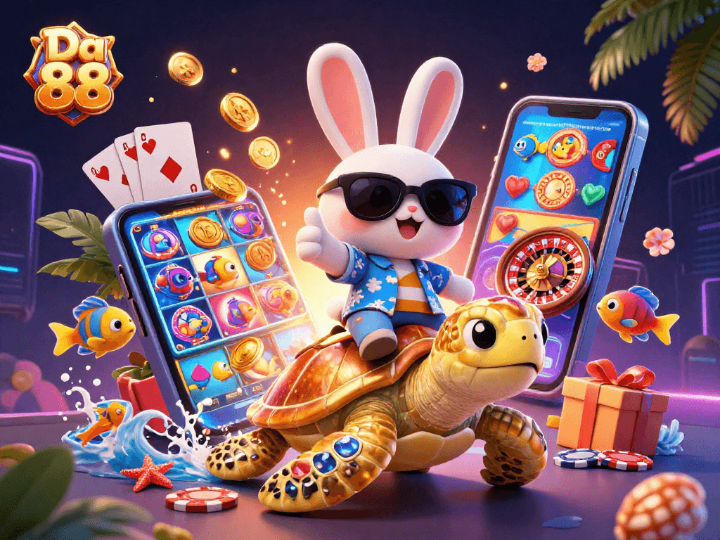 Experience thrilling casino adventures at Da 88 with a lucky rabbit on a golden turtle amidst vibrant gaming elements.