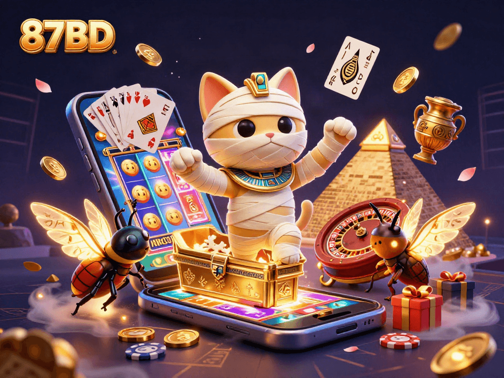 87BD captivates with a dynamic scene featuring an Egyptian mummy cat, casino elements, and glowing cards.
