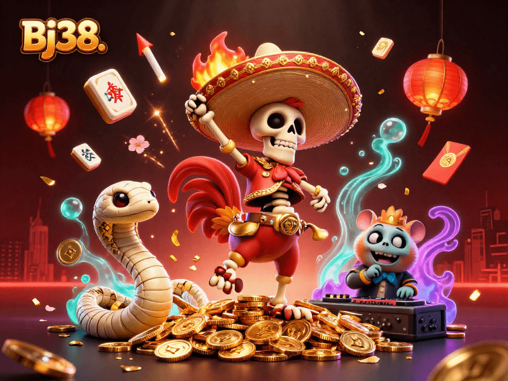 Bj38. Experience thrilling victories in a lively 3D casino scene filled with gold coins and animated characters.