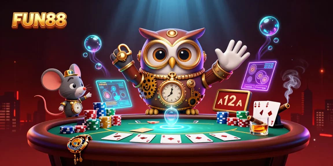 Engage with FUN88's vibrant casino scene featuring a steampunk owl, poker elements, and dynamic action.
