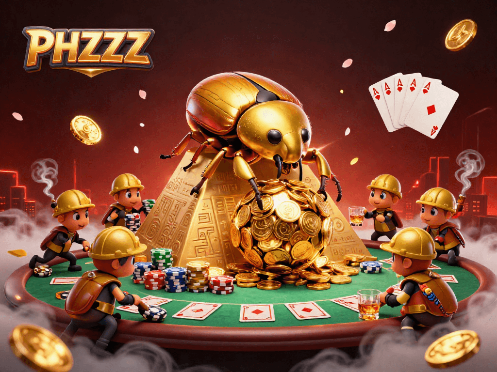 Experience the excitement of PHZZZ with golden beetles and vibrant casino symbols.