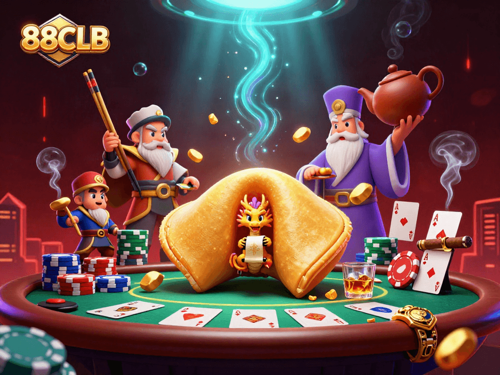 Engage in thrilling casino fun with 88CLB, showcasing dynamic poker elements and colorful game pieces.
