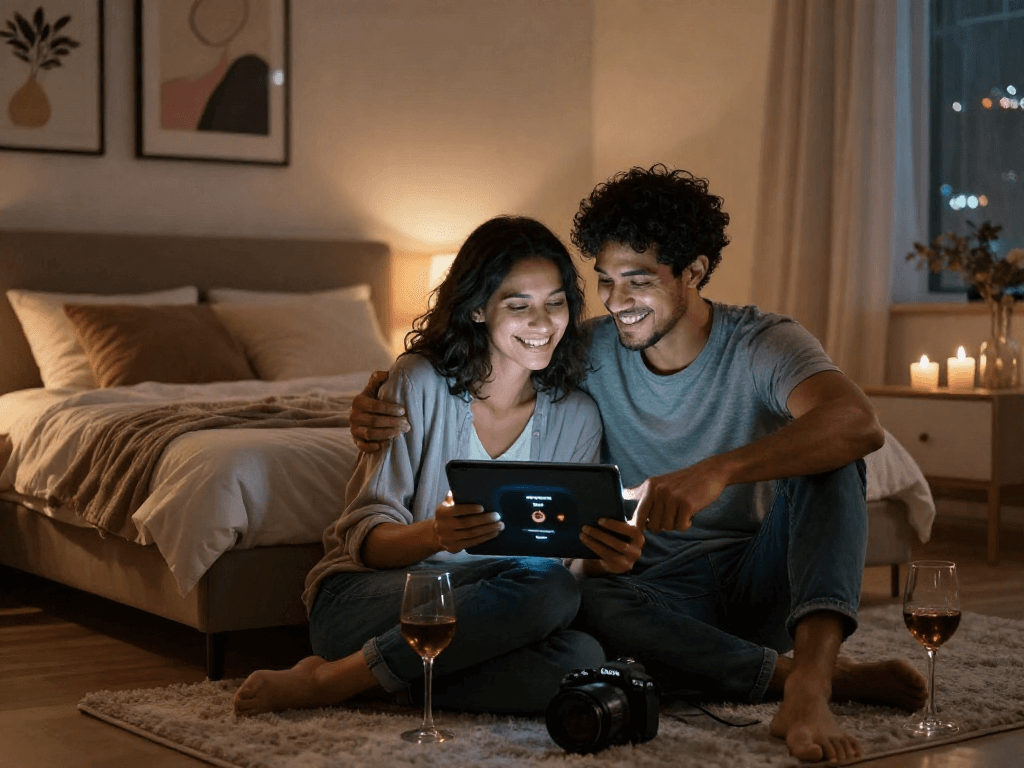 Couple exploring ai sex app together in a cozy bedroom setting, with warm lighting and personal touches.