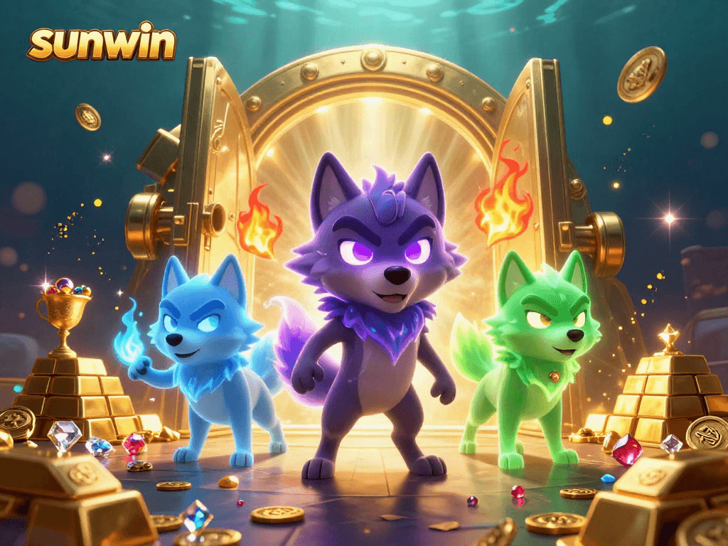 Engage with the sunwin experience as glowing wolf spirits surround bursting treasure, illuminating your gaming journey.