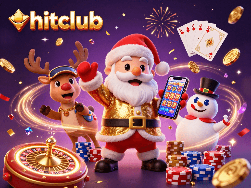 Hitclub's festive casino scene with Santa, a reindeer, and a snowman in a dynamic jackpot celebration.