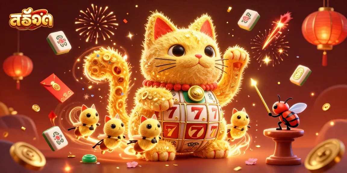 Engage with สล็อต slot gameplay visuals, showcasing the giant lucky cat and festive themes.