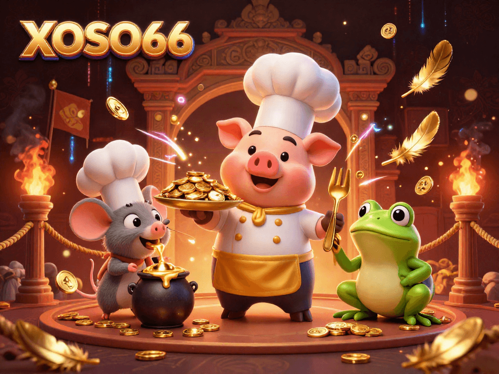 XOSO66 Chef pig serves coins, sous-chef mouse tastes gold, critic frog judges culinary luck.