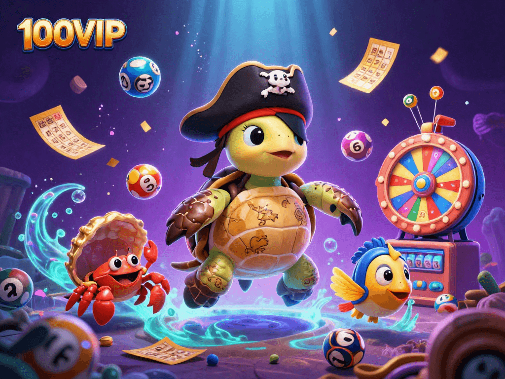 Experience the thrilling world of 100VIP with pirate characters celebrating under colorful lottery balls.