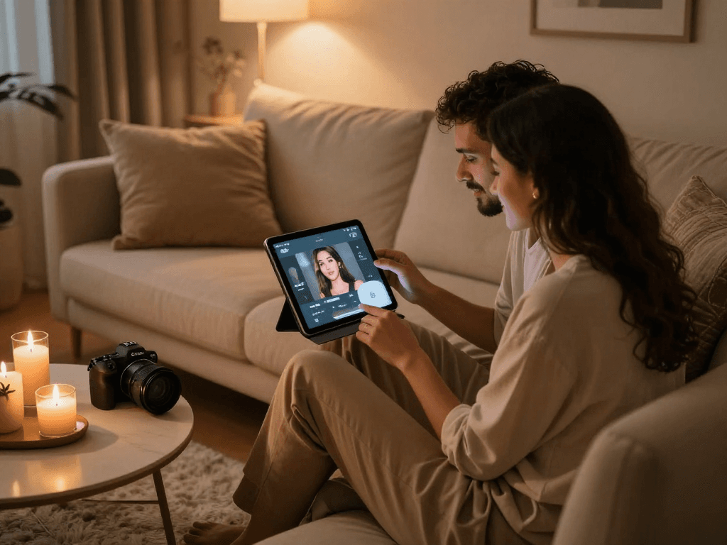 Couple enjoying a romantic evening with AI sex technology on tablet.