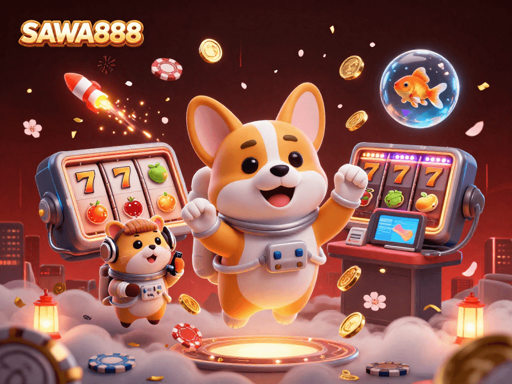 Win big at SAWA888 with exciting slots and vibrant casino elements in a floating cosmic scene.