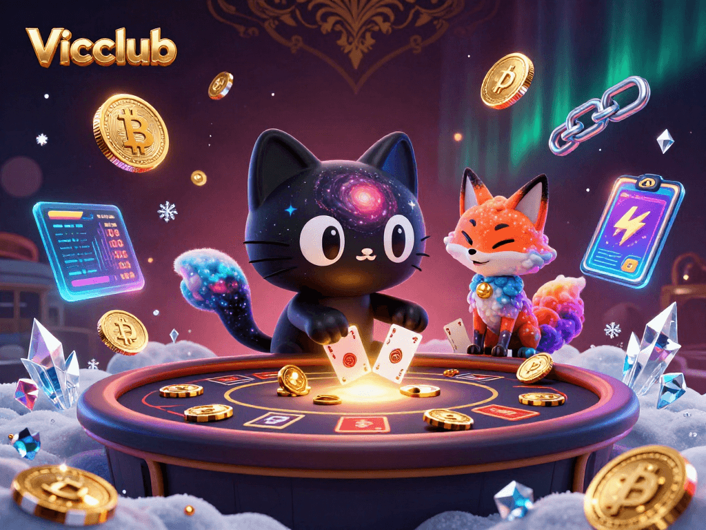 Engage with Vicclub's cosmic gaming experience featuring surreal characters and crypto elements.