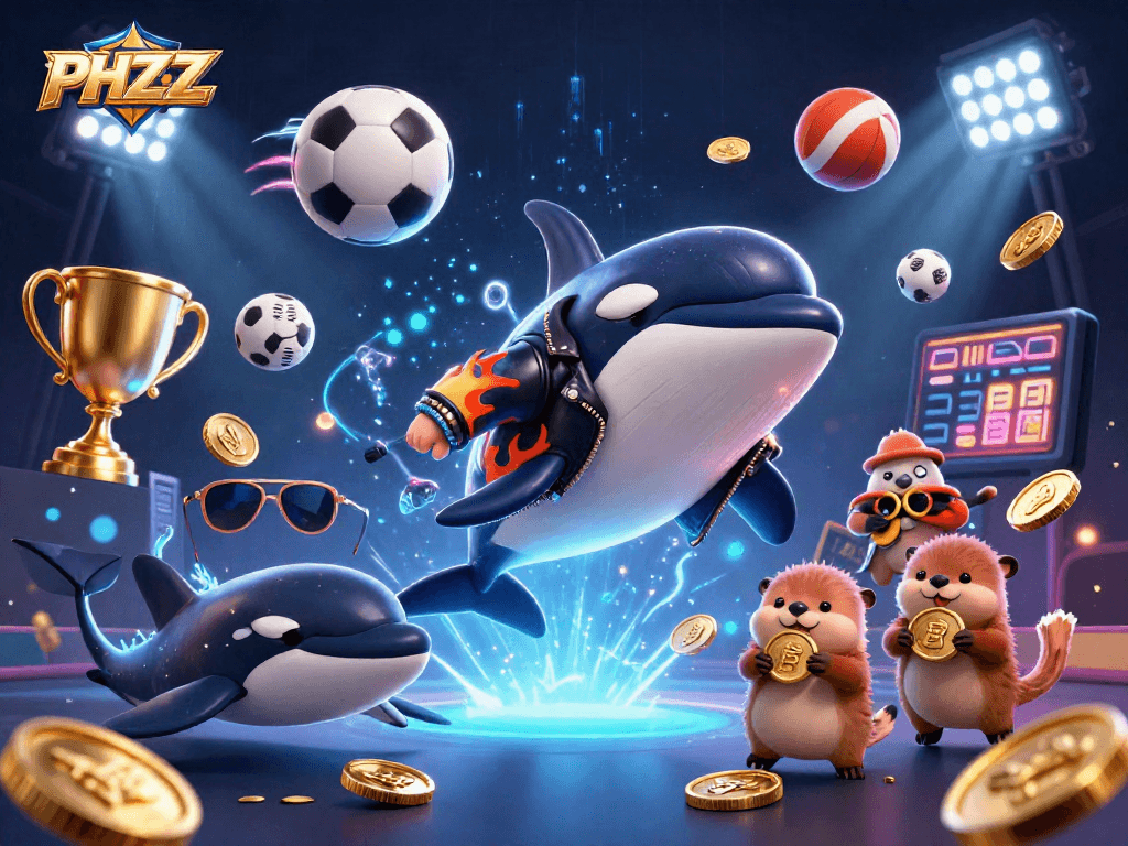 Engage in thrilling action with PHZZZ, showcasing an orca, stingray, and otters amid sports-themed casino elements.
