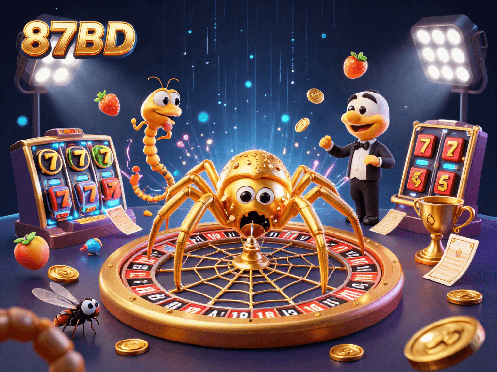 87BD offers thrilling slots action with a golden spider web and animated casino elements.
