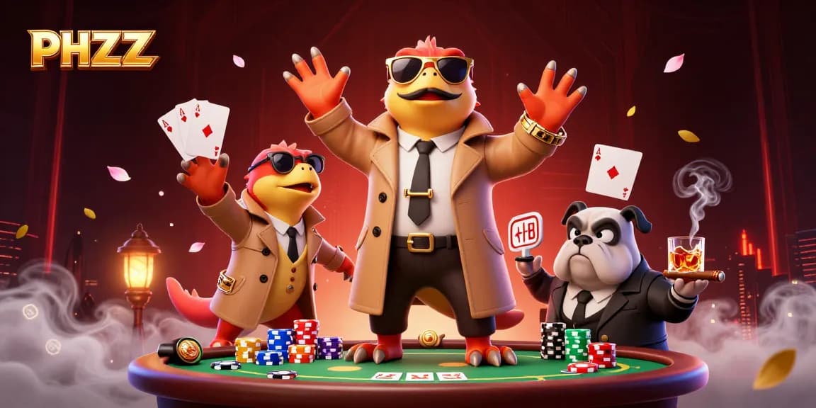 Engage with PHZZZ and enjoy poker thrills in a vibrant casino scene featuring dynamic characters.