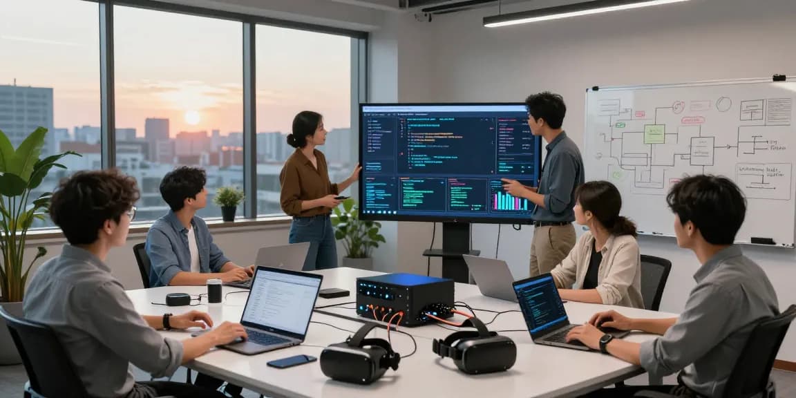 Engineers collaborating in an innovative edge computing workspace, showcasing real-time analytics and IoT devices.