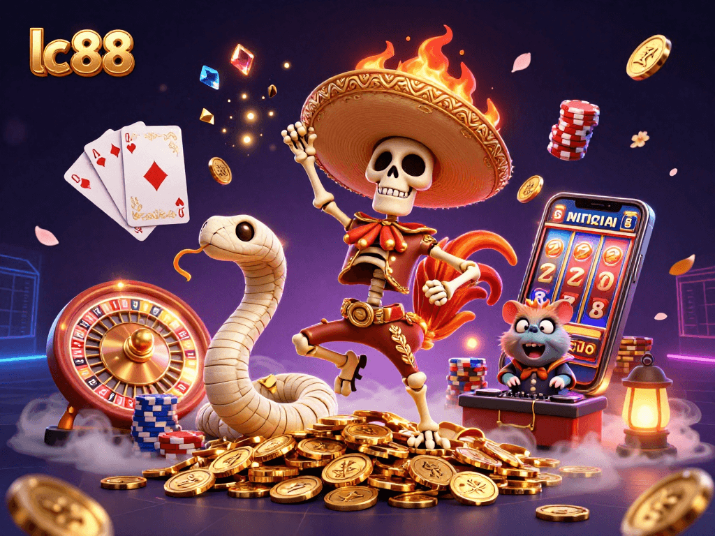 Experience the excitement of lc 88 with vibrant characters celebrating on golden coins, showcasing dynamic casino action.