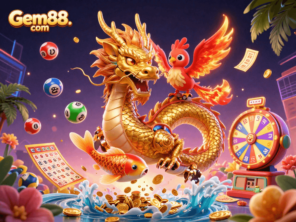 Experience excitement with Gem88. com, a vibrant scene featuring a golden dragon, phoenix, and koi fish amidst colorful casino elements.