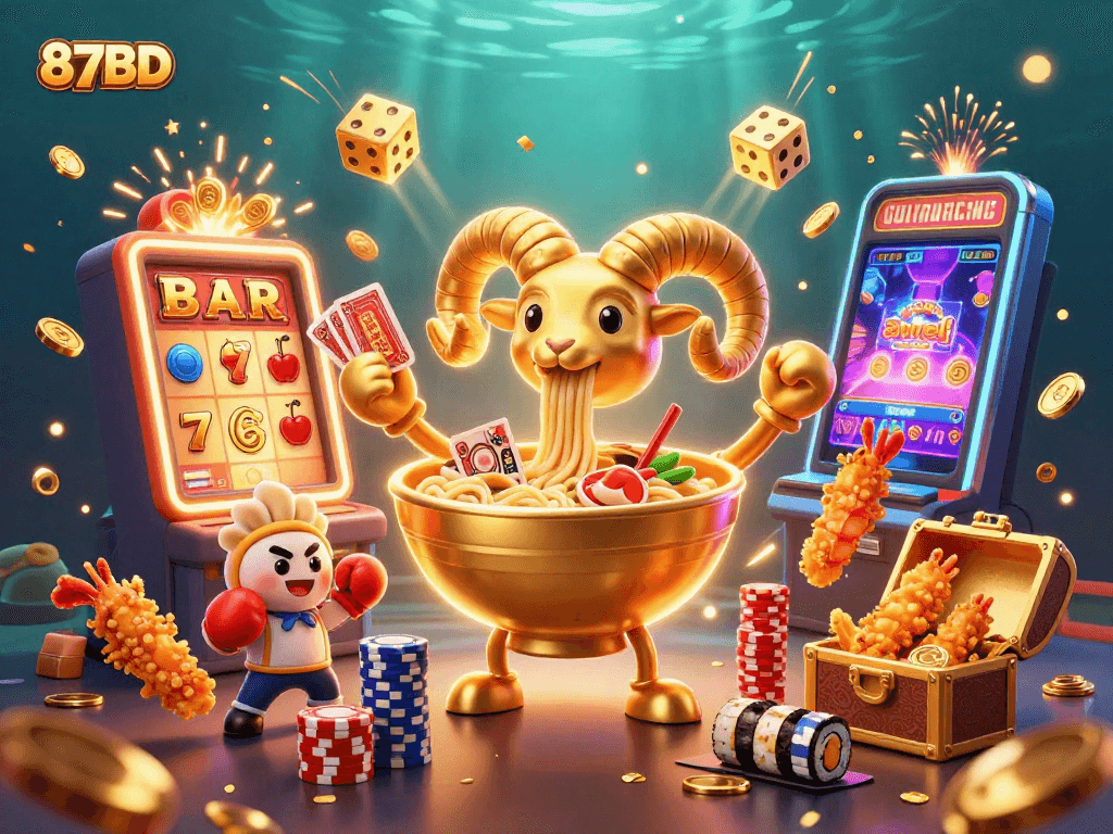 87BD slots scene with a golden ramen bowl and dynamic casino elements