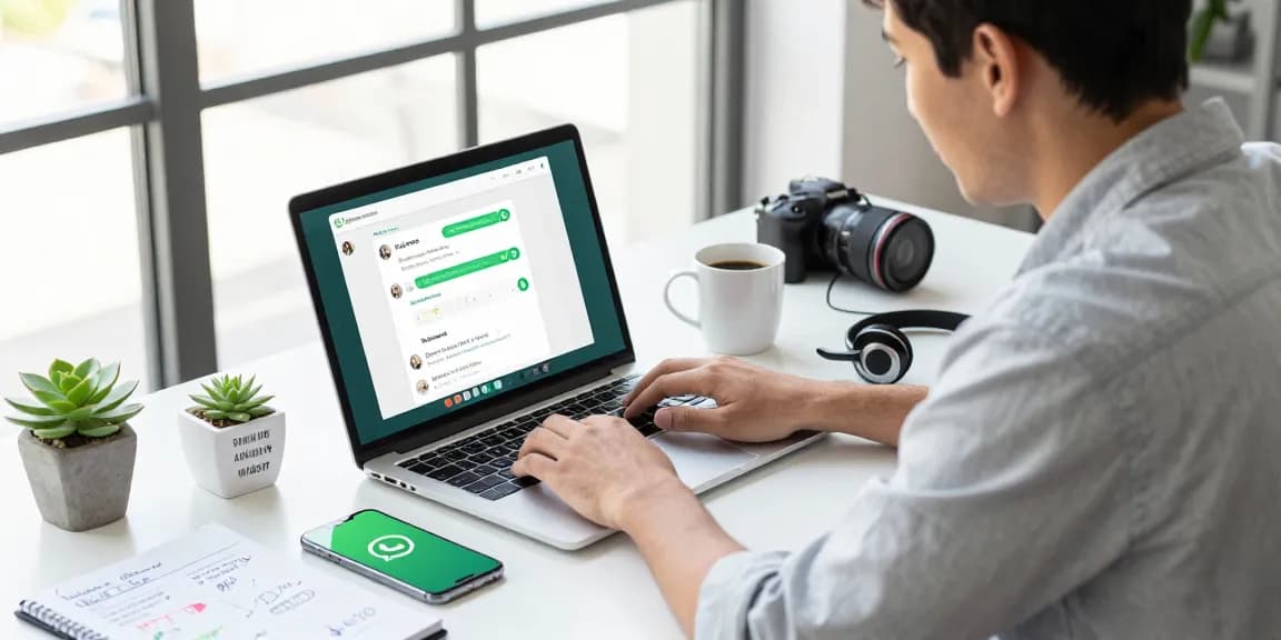 WhatsApp下載 interface on a laptop in a modern workspace with a smartphone, coffee mug, and notes illustrating productivity.