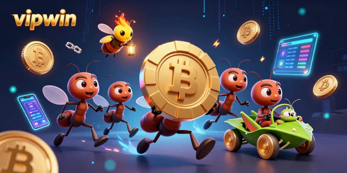Join the adventure with vipwin as ants heist a massive poker chip amid neon-lit crypto elements.