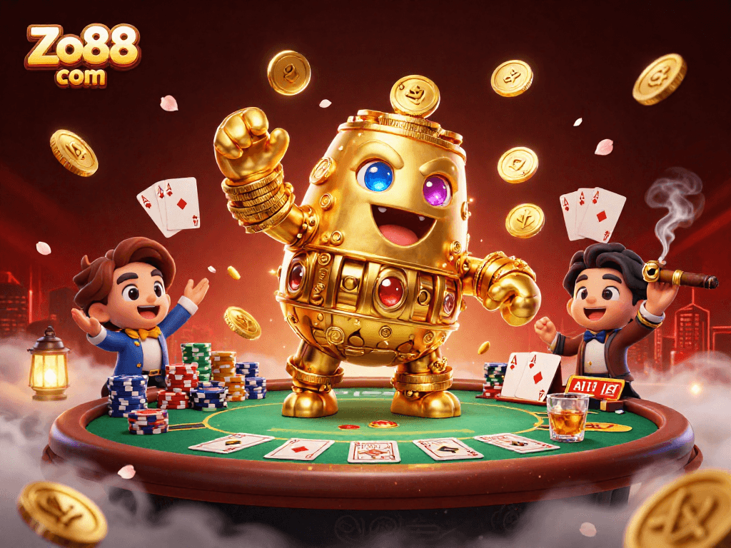 Engage with thrilling gameplay at Zo88 com, featuring 3D golden golem and poker scene rich with excitement.