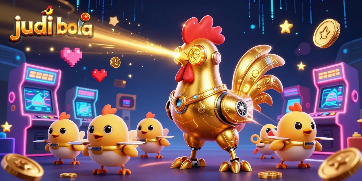 Engage with judi bola through a vibrant 3D illustration of a futuristic golden rooster robot and gaming elements.