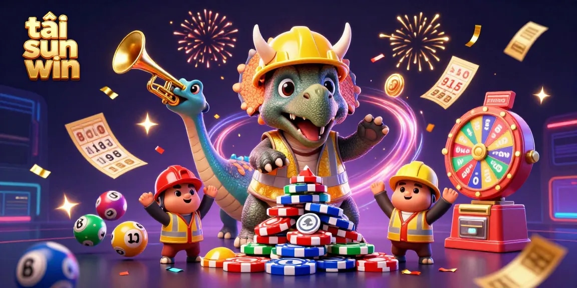 Engage with tải sun win as a cheerful triceratops builds a poker chip pyramid, surrounded by vibrant gaming elements.