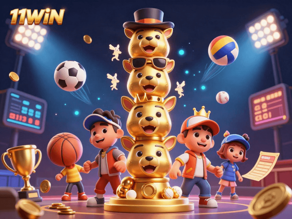 Join the action with 11WIN as gold coins, dynamic sports balls, and a joyous totem pole fill the scene.