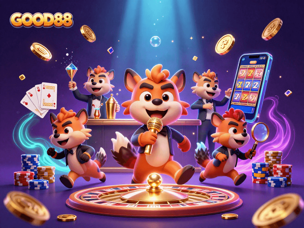 Experience the excitement of GOOD88 in a lively casino scene with vibrant characters and dynamic game elements.