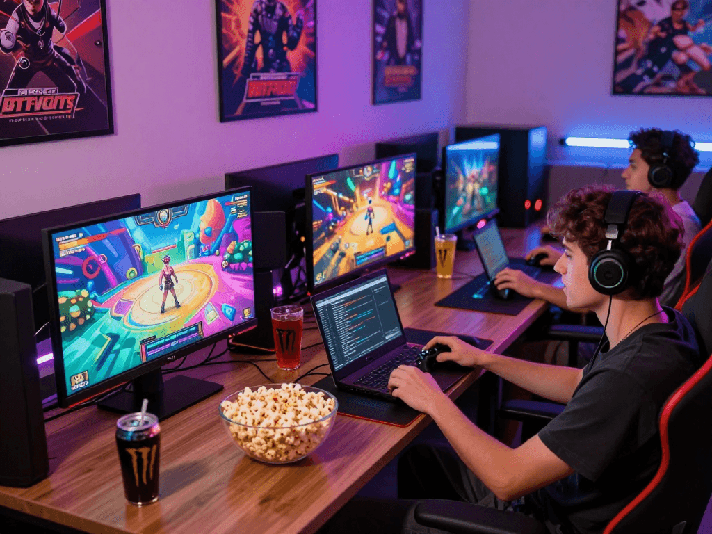 Engaging scene of friends playing a porn game in a vibrant gaming room.