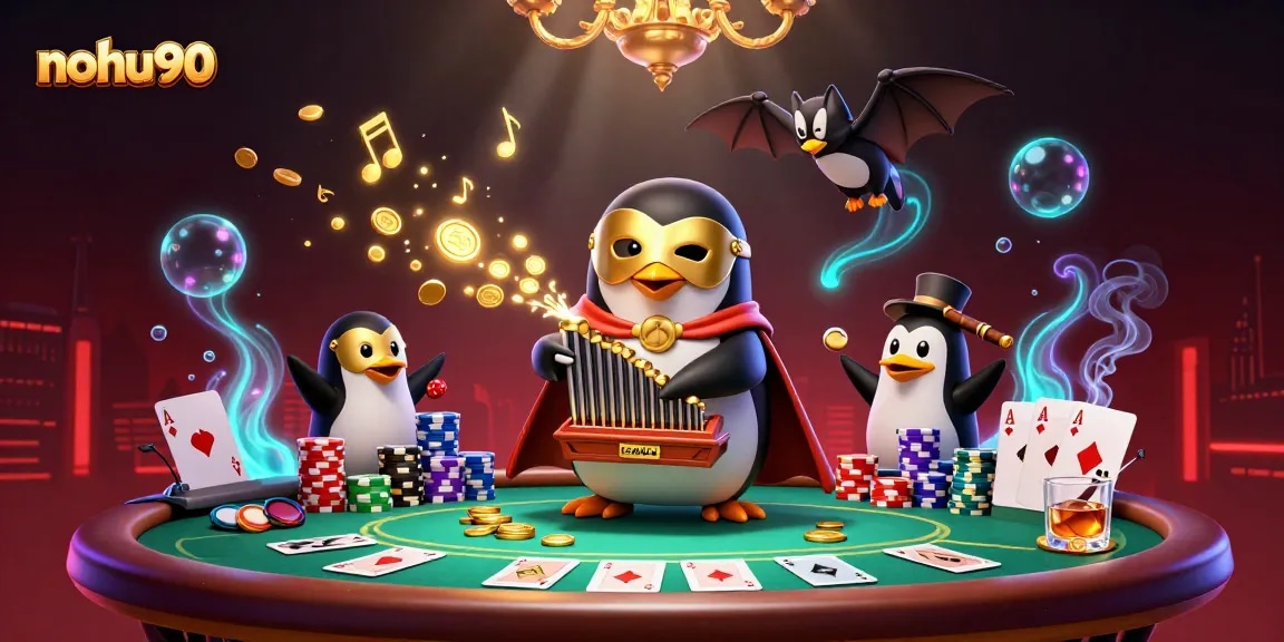 Engage with nohu90 at a vibrant casino scene featuring a cartoon penguin and poker action.