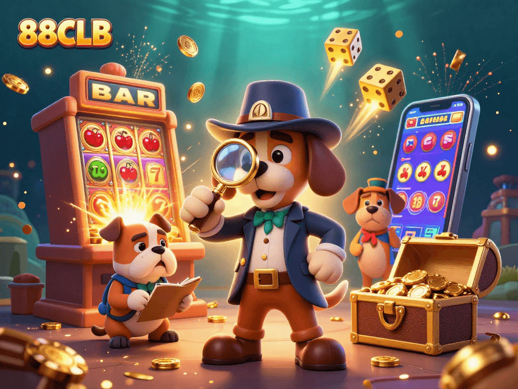Engage in casino adventure with 88CLB as characters uncover treasure amidst slot machine excitement.