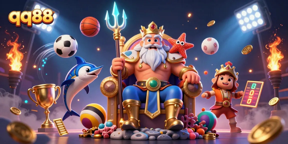 Experience thrilling betting with qq88 featuring Neptune surrounded by vibrant sports elements.