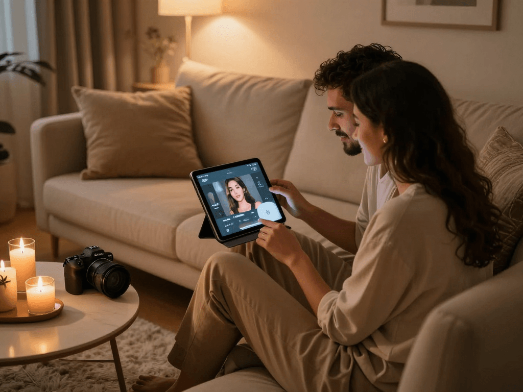 Couple enjoying a romantic evening with AI sex technology on tablet.