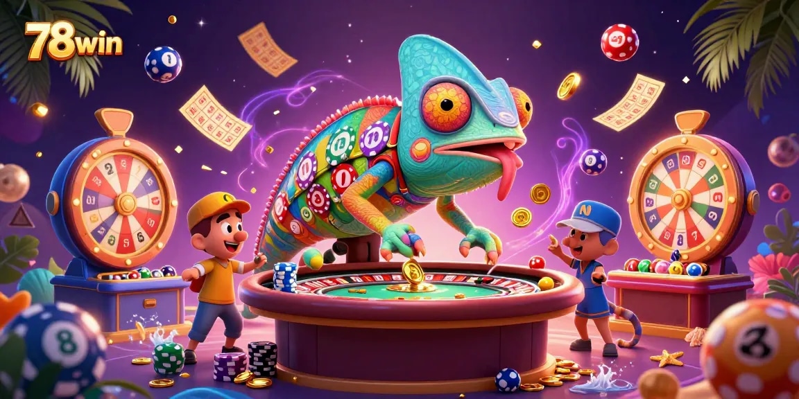 Play exciting games at 78win with vibrant chameleon casino owner and colorful lottery elements.