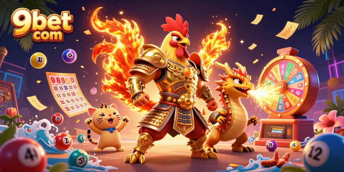 Play exciting games at 9bet com with a vibrant illustration of casino fun featuring unique characters and elements.
