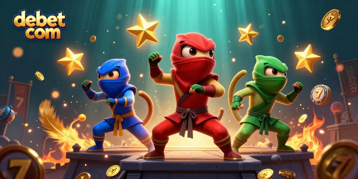 Engage with debet com as ninja chameleons showcase dynamic slot game poses surrounded by golden elements.