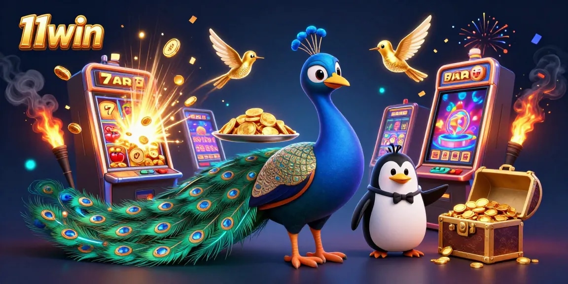 Experience thrilling wins at 11win with a dazzling casino scene filled with vibrant characters and elements.