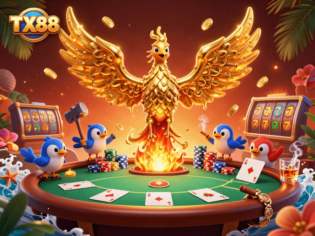 Engage with TX88's thrilling poker experience featuring a molten gold phoenix amidst dynamic casino elements.