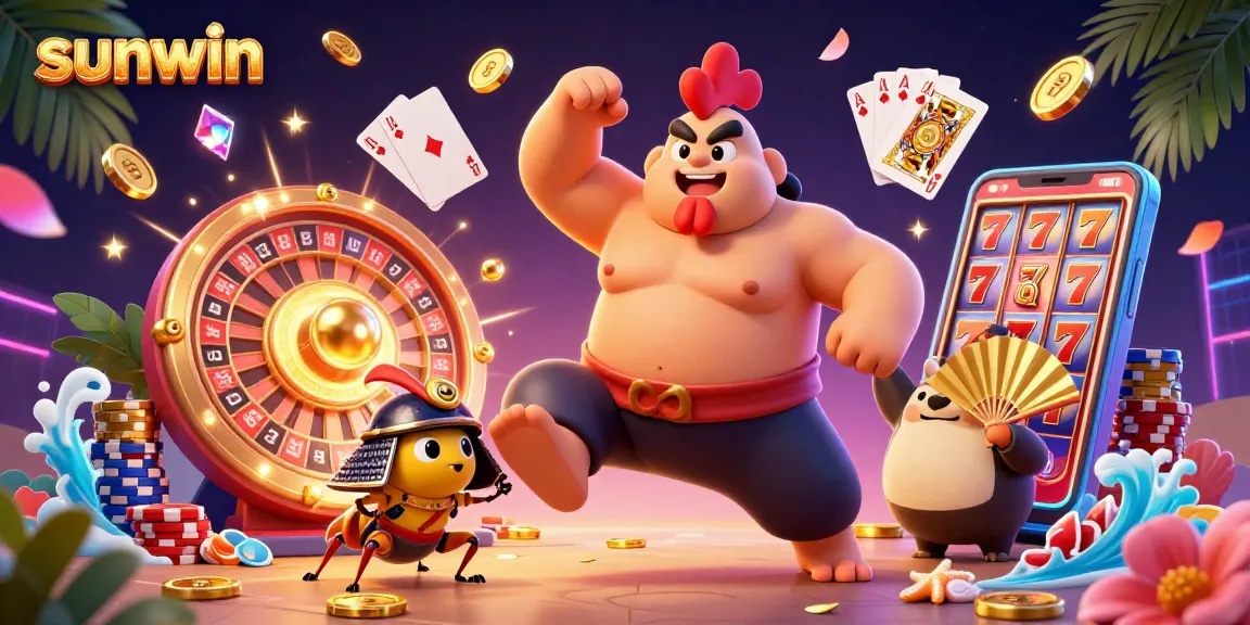 Experience the excitement of sunwin with a sumo wrestler, samurai cricket, and more in a vibrant casino scene.