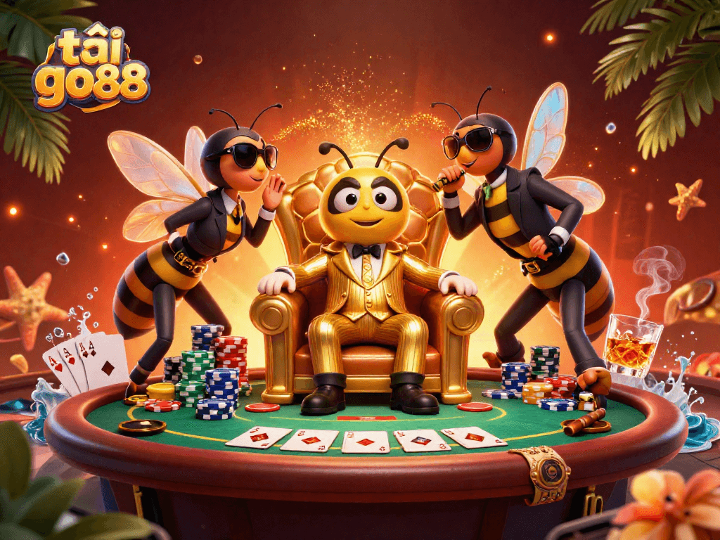Engage with tải go88 at a vibrant casino scene featuring a bumblebee mob boss and poker elements.