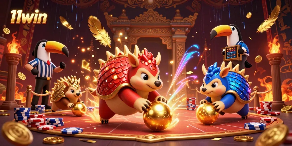 The 11win scene captures a fierce competition between rival pangolins in a vibrant casino setting.