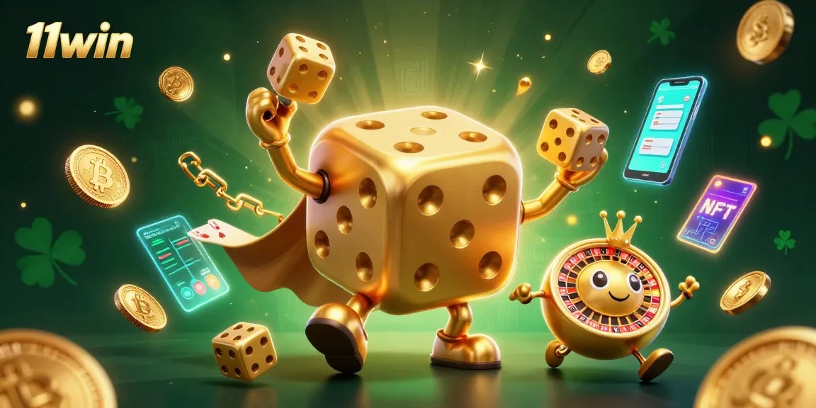 Engage with 11win's thrilling 3D casino illustration featuring golden dice and crypto elements.