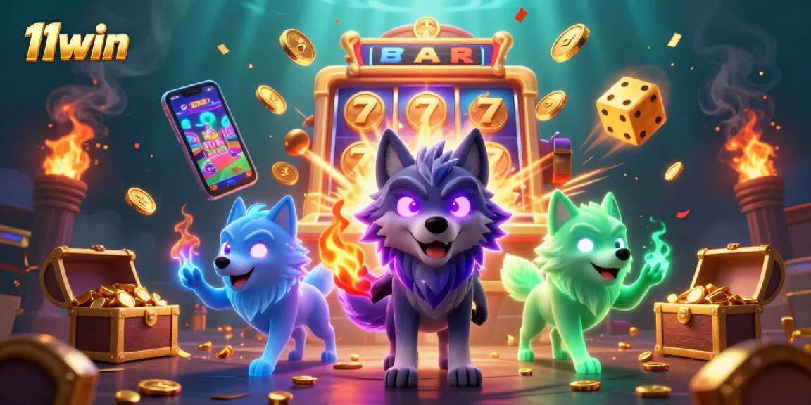 Join the excitement at 11win with a dynamic scene of neon-lit slot and casino elements.