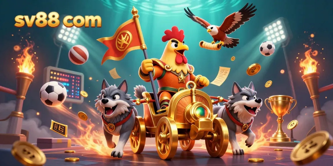 Win at sv88 com with a vibrant scene featuring a cartoon rooster warlord in a casino setting.