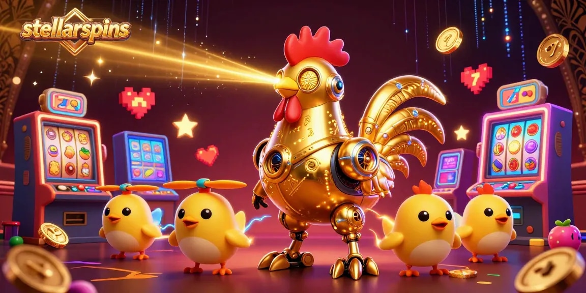 Engage with stellarspins in a vibrant casino scene featuring a golden robot rooster.